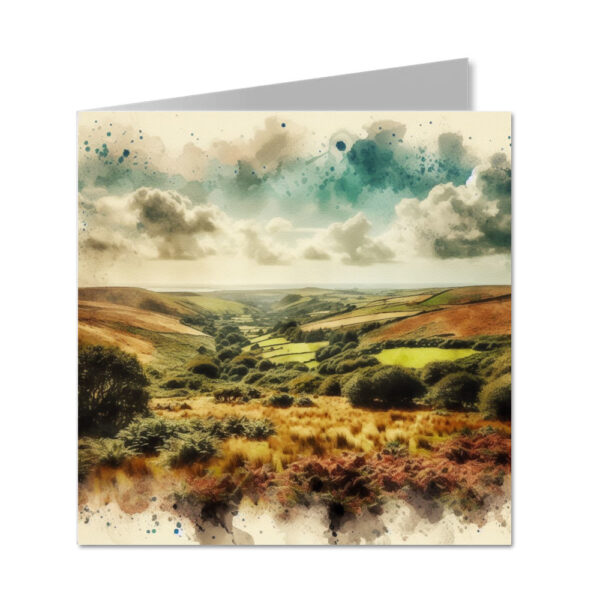 Cornish Moorland Overlooking Countryside Splash Effect Watercolour - Folded