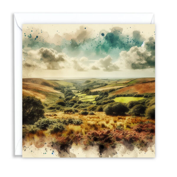 Cornish Moorland Overlooking Countryside Splash Effect Watercolour - Main