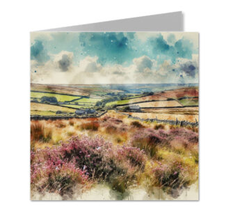 Cornish Moorland Overlooking Farms Splash Effect Watercolour - Folded