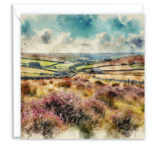 Cornish Moorland Overlooking Farms Splash Effect Watercolour - Main