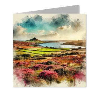 Cornish Moorland Overlooking River Splash Effect Watercolour - Folded