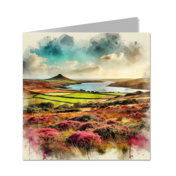 Cornish Moorland Overlooking River Splash Effect Watercolour - Folded