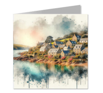 Cornish Riverside Village Splash Effect Watercolour - Folded