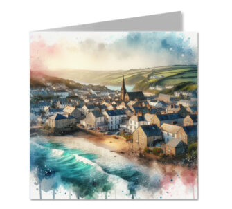 Cornish Sea Town with Beach Splash Effect Watercolour - Folded