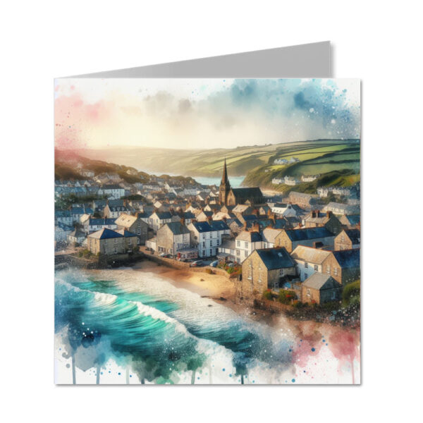 Cornish Sea Town with Beach Splash Effect Watercolour - Folded