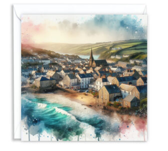 Cornish Sea Town with Beach Splash Effect Watercolour - Main