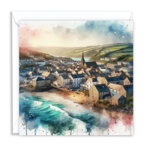 Cornish Sea Town with Beach Splash Effect Watercolour - Main